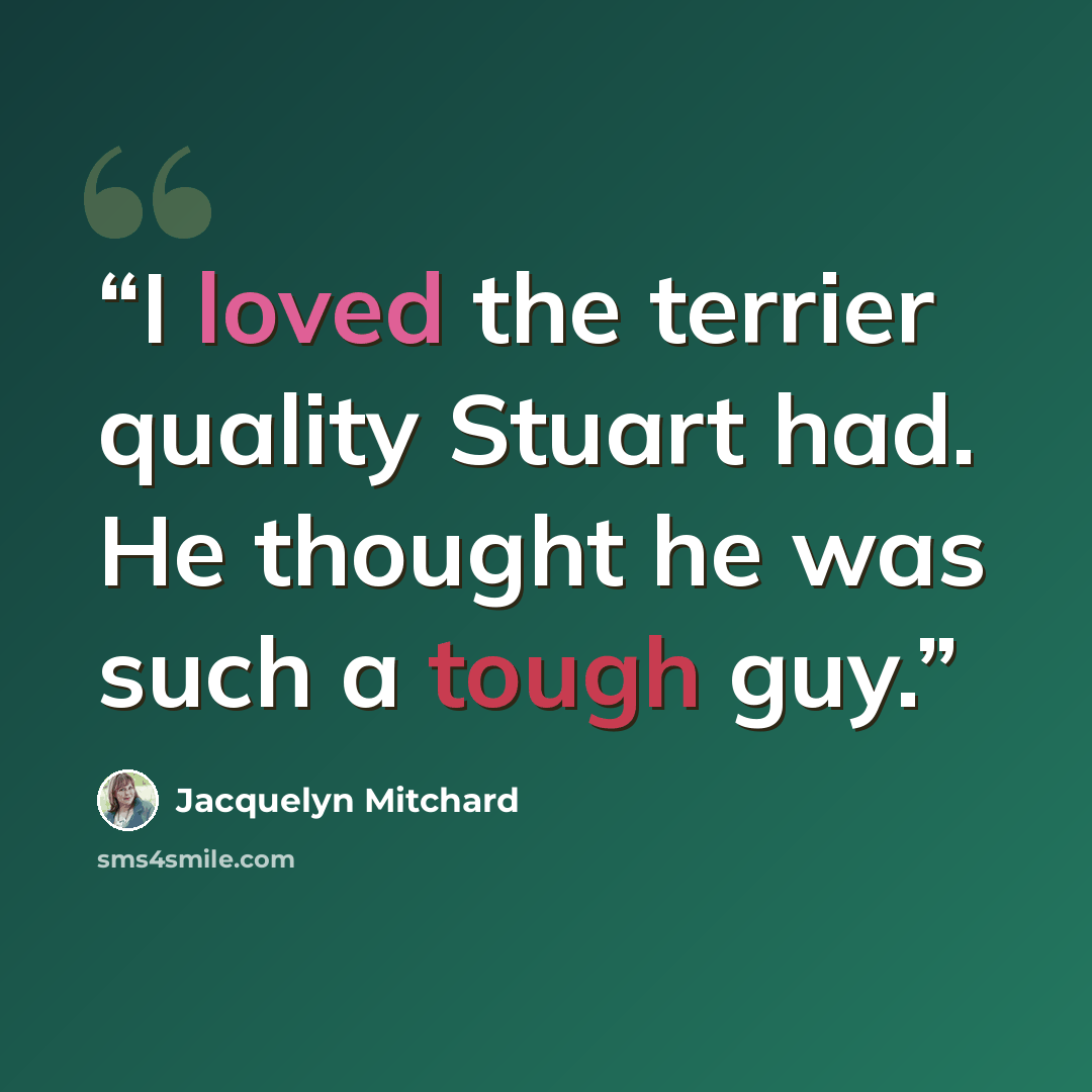 “I loved the terrier quality Stuart had. He thought he was such a tough guy.” quote by Jacquelyn Mitchard