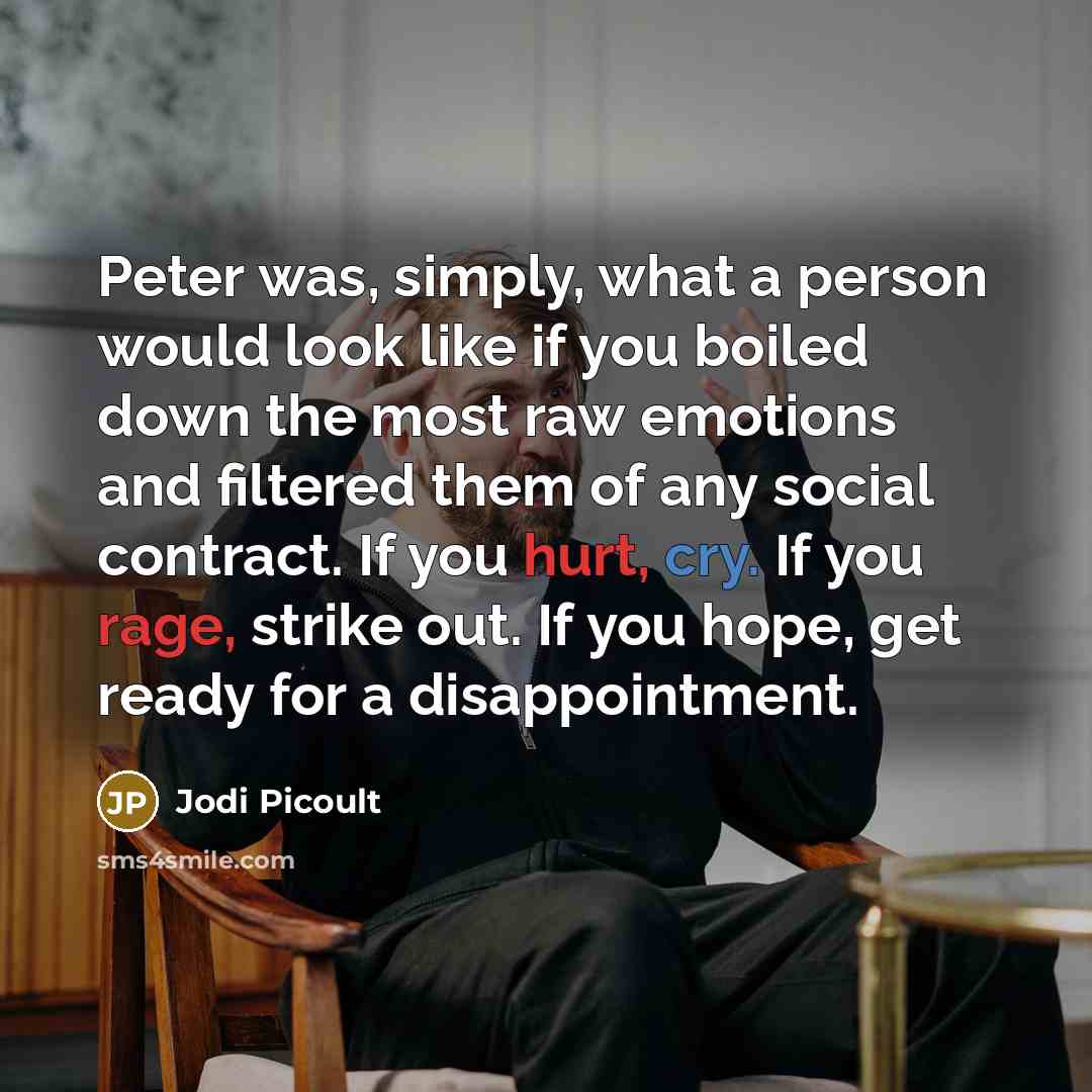 “Peter was, simply, what a person would look like if you boiled down the most raw emotions and filtered them of any social contract. If you hurt, cry. If you rage, strike out. If you hope, get ready for a disappointment.” quote by Jodi Picoult