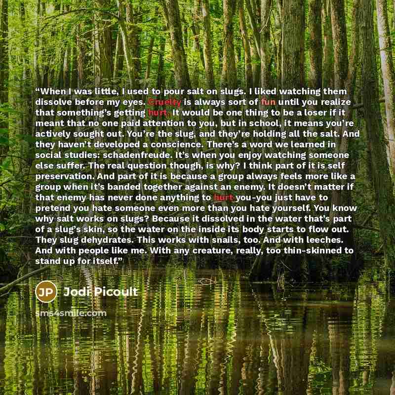 “When I was little, I used to pour salt on slugs. I liked watching them dissolve before my eyes. Cruelty is always sort of fun until you realize that something’s getting hurt. It would be one thing to be a loser if it meant that no one paid attention to you, but in school, it means you’re actively…” quote by Jodi Picoult