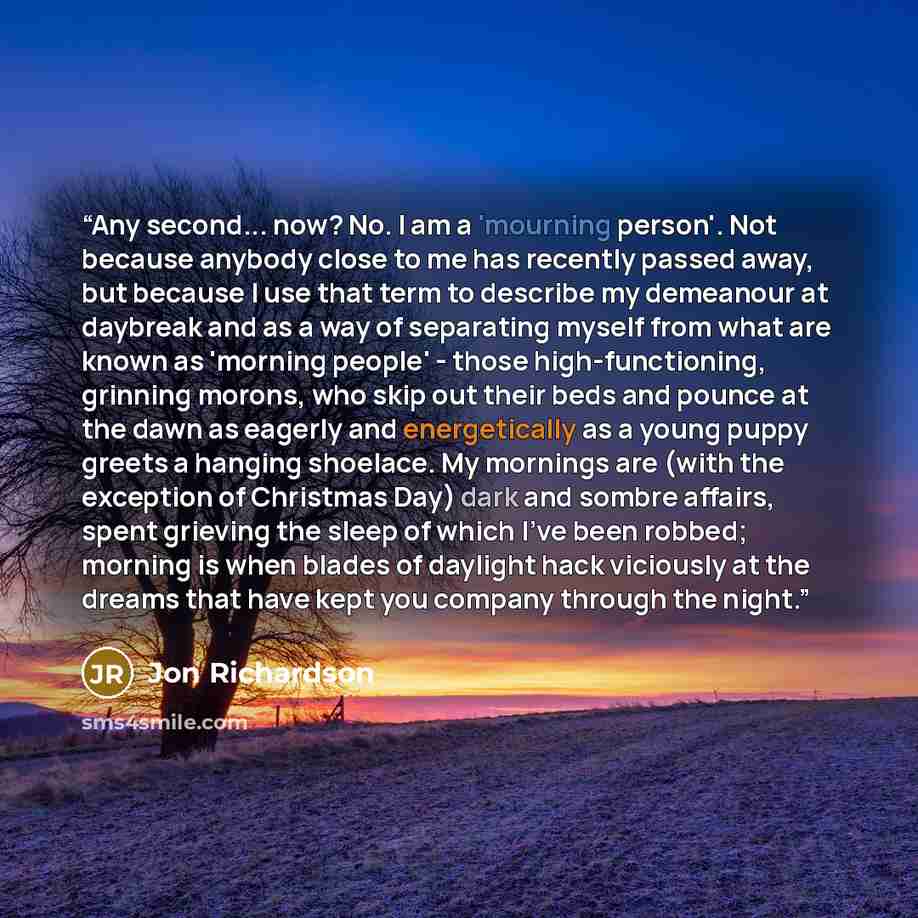 “Any second... now? No. I am a 'mourning person'. Not because anybody close to me has recently passed away, but because I use that term to describe my demeanour at daybreak and as a way of separating myself from what are known as 'morning people' - those high-functioning, grinning morons, who skip…” quote by Jon Richardson