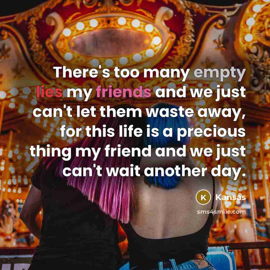 “There's too many empty lies my friends and we just can't let them waste away, for this life is a precious thing my friend and we just can't wait another day.” quote by Kansas