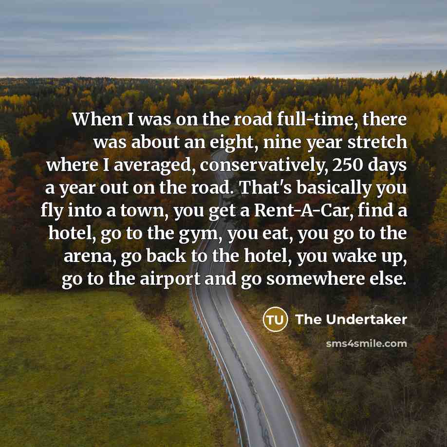 “When I was on the road full-time, there was about an eight, nine year stretch where I averaged, conservatively, 250 days a year out on the road. That's basically you fly into a town, you get a Rent-A-Car, find a hotel, go to the gym, you eat, you go to the arena, go back to the hotel, you wake up…” quote by The Undertaker