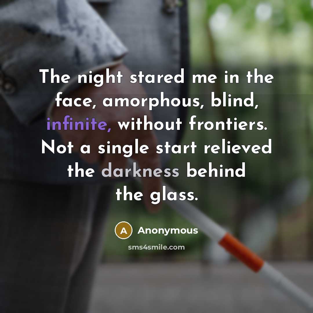 “The night stared me in the face, amorphous, blind, infinite, without frontiers. Not a single start relieved the darkness behind the glass.” quote by Anonymous