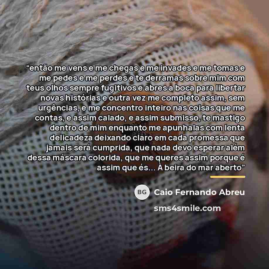 “então me vens e me chegas e me invades e me tomas e me pedes e me perdes e te derramas sobre mim com teus olhos sempre fugitivos e abres a boca para libertar novas histórias e outra vez me completo assim, sem urgências, e me concentro inteiro nas coisas que me contas, e assim calado, e assim…” quote by Caio Fernando Abreu