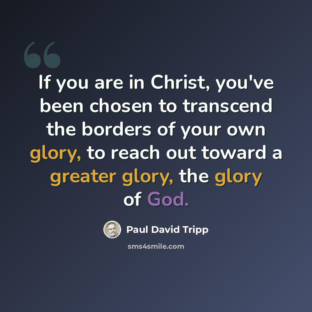 “If you are in Christ, you've been chosen to transcend the borders of your own glory, to reach out toward a greater glory, the glory of God.” quote by Paul David Tripp