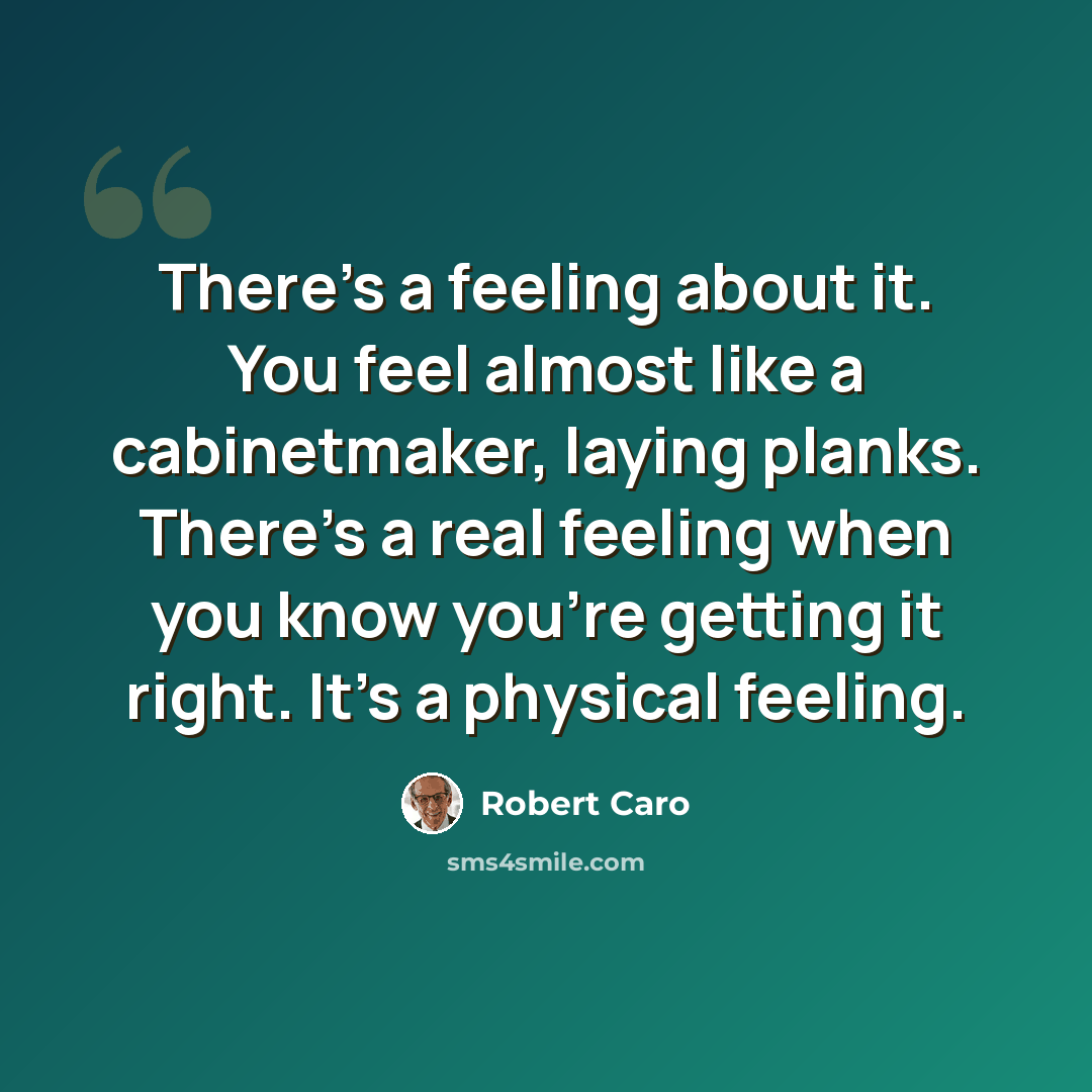 “There's a feeling about it. You feel almost like a cabinetmaker, laying planks. There's a real feeling when you know you're getting it right. It's a physical feeling.” quote by Robert Caro