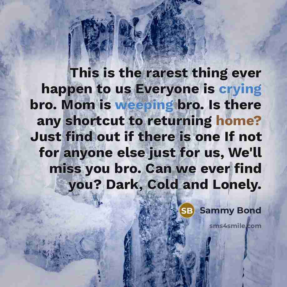 “This is the rarest thing ever happen to us Everyone is crying bro. Mom is weeping bro. Is there any shortcut to returning home? Just find out if there is one If not for anyone else just for us, We'll miss you bro. Can we ever find you? Dark, Cold and Lonely.” quote by Sammy Bond