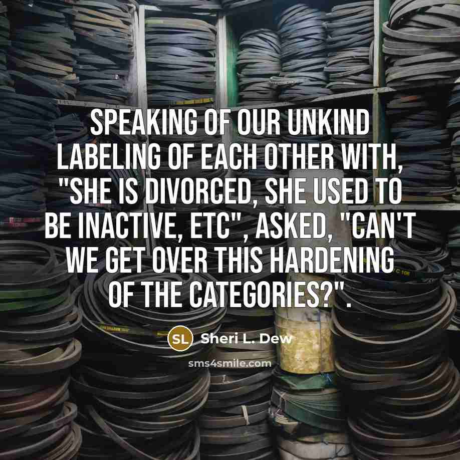 “Speaking of our unkind labeling of each other with, "she is divorced, she used to be inactive, etc", asked, "Can't we get over this hardening of the categories?".” quote by Sheri L. Dew