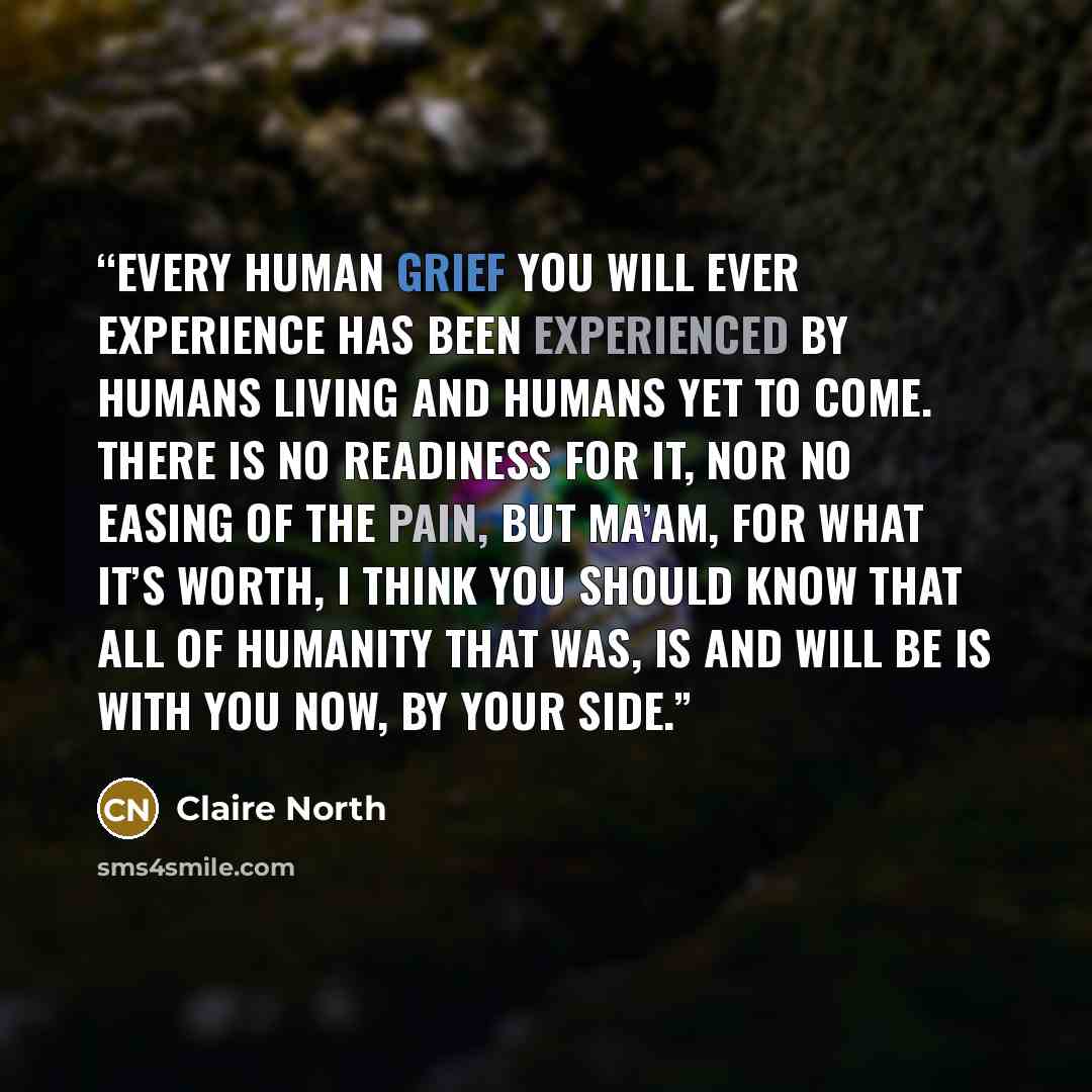 “Every human grief you will ever experience has been experienced by humans living and humans yet to come. There is no readiness for it, nor no easing of the pain, but ma’am, for what it’s worth, I think you should know that all of humanity that was, is and will be is with you now, by your side.” quote by Claire North