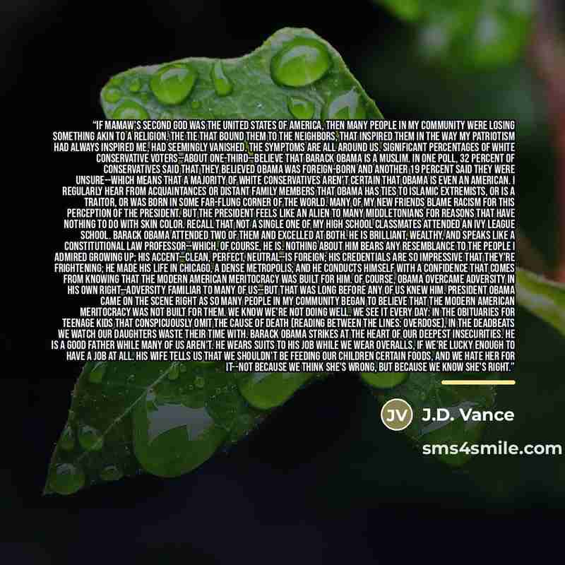 “If Mamaw's second God was the United States of America, then many people in my community were losing something akin to a religion. The tie that bound them to the neighbors, that inspired them in the way my patriotism had always inspired me, had seemingly vanished. The symptoms are all around us…” quote by J.D. Vance