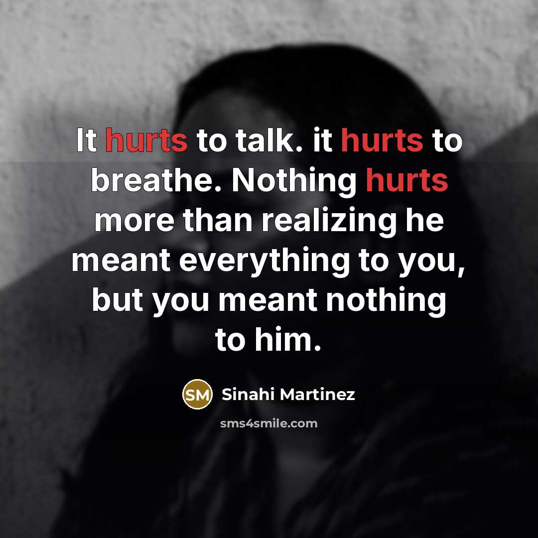 “It hurts to talk. it hurts to breathe. Nothing hurts more than realizing he meant everything to you, but you meant nothing to him.” quote by Sinahi Martinez