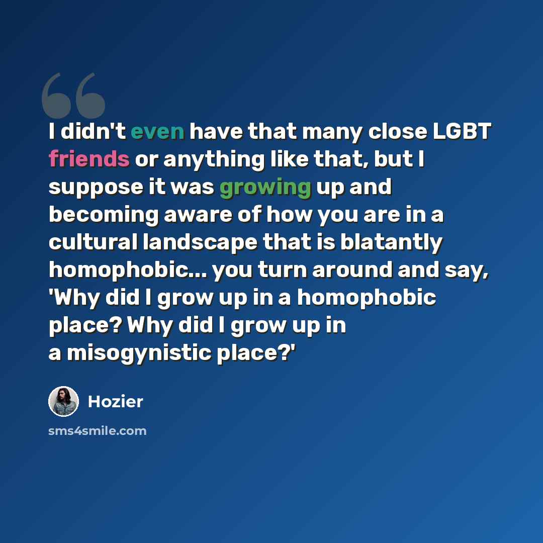 “I didn't even have that many close LGBT friends or anything like that, but I suppose it was growing up and becoming aware of how you are in a cultural landscape that is blatantly homophobic... you turn around and say, 'Why did I grow up in a homophobic place? Why did I grow up in a misogynistic…” quote by Hozier