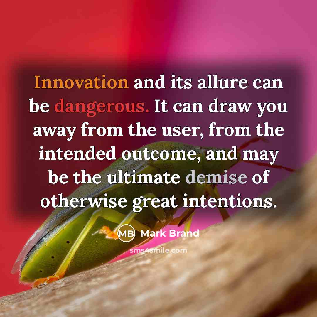 “Innovation and its allure can be dangerous. It can draw you away from the user, from the intended outcome, and may be the ultimate demise of otherwise great intentions.” quote by Mark Brand