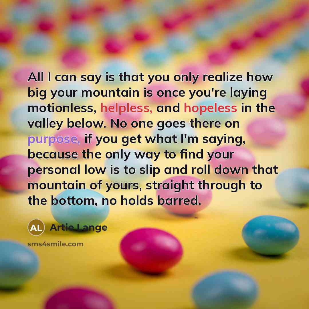“All I can say is that you only realize how big your mountain is once you're laying motionless, helpless, and hopeless in the valley below. No one goes there on purpose, if you get what I'm saying, because the only way to find your personal low is to slip and roll down that mountain of yours…” quote by Artie Lange
