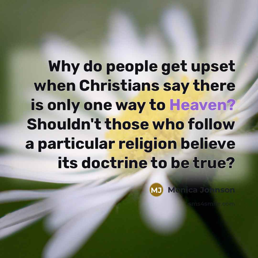 “Why do people get upset when Christians say there is only one way to Heaven? Shouldn't those who follow a particular religion believe its doctrine to be true?” quote by Monica Johnson