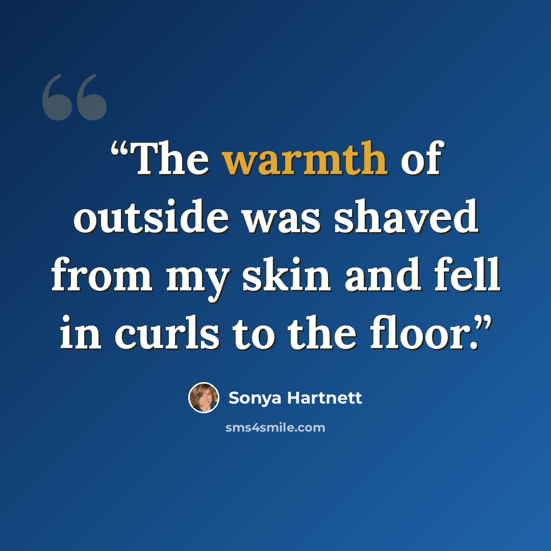 “The warmth of outside was shaved from my skin and fell in curls to the floor.” quote by Sonya Hartnett