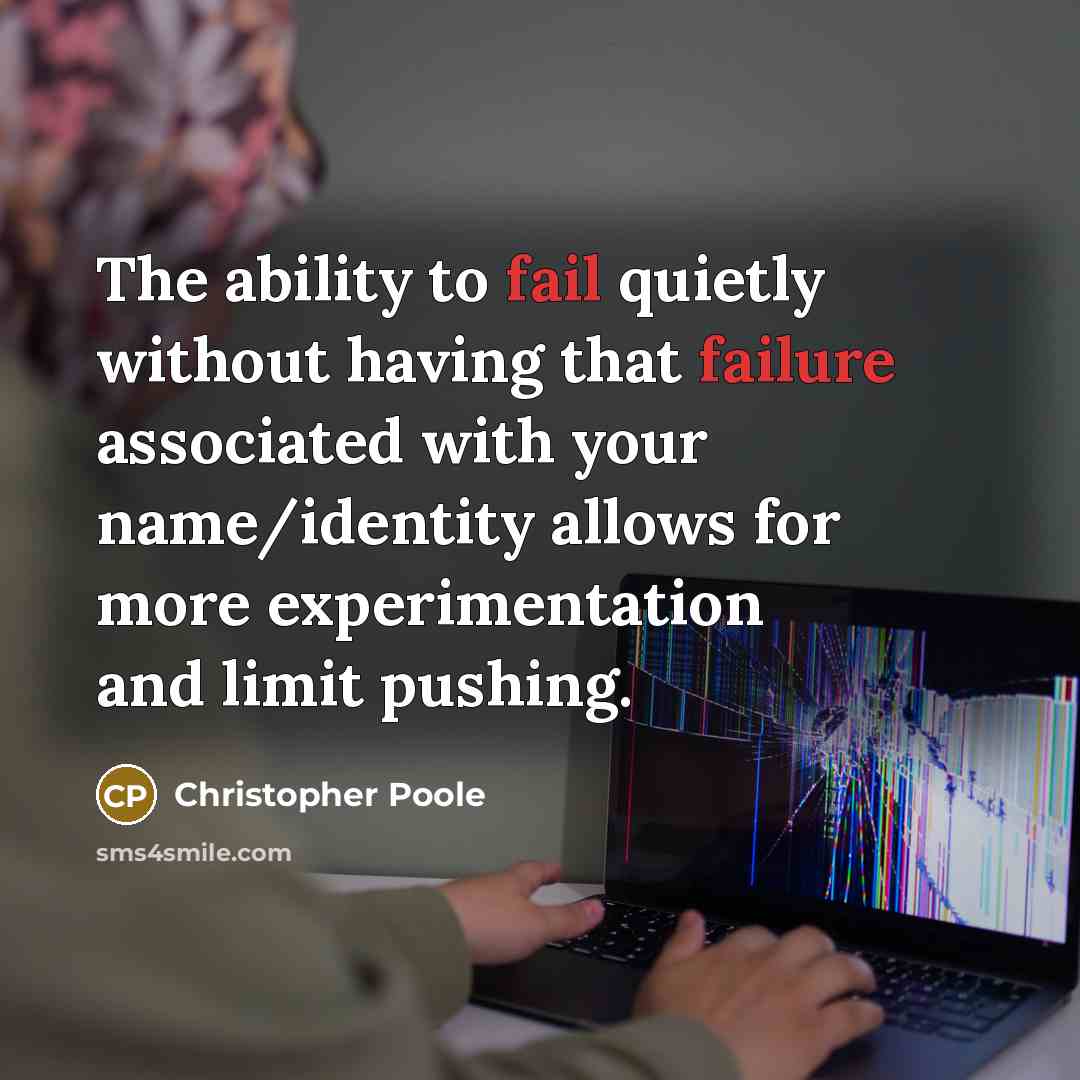 “The ability to fail quietly without having that failure associated with your name/identity allows for more experimentation and limit pushing.” quote by Christopher Poole