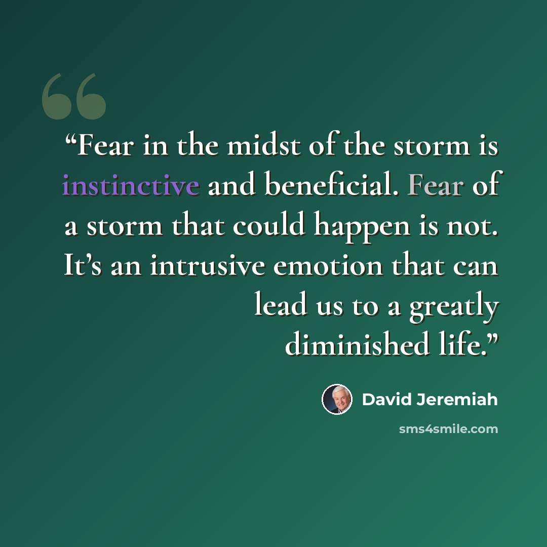 “Fear in the midst of the storm is instinctive and beneficial. Fear of a storm that could happen is not. It’s an intrusive emotion that can lead us to a greatly diminished life.” quote by David Jeremiah
