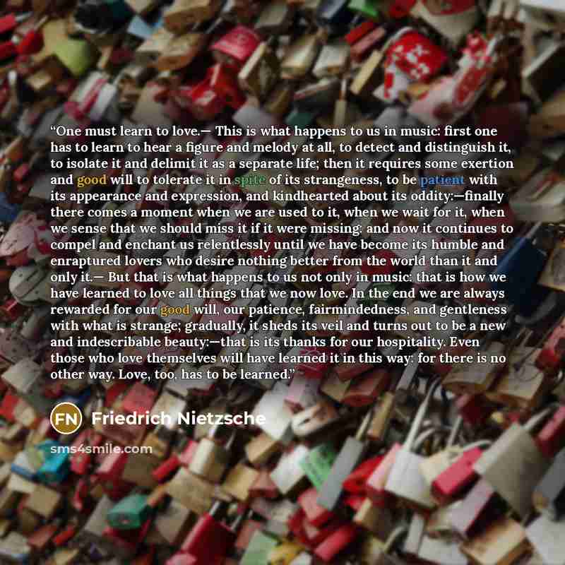 “One must learn to love.— This is what happens to us in music: first one has to learn to hear a figure and melody at all, to detect and distinguish it, to isolate it and delimit it as a separate life; then it requires some exertion and good will to tolerate it in spite of its strangeness, to be…” quote by Friedrich Nietzsche
