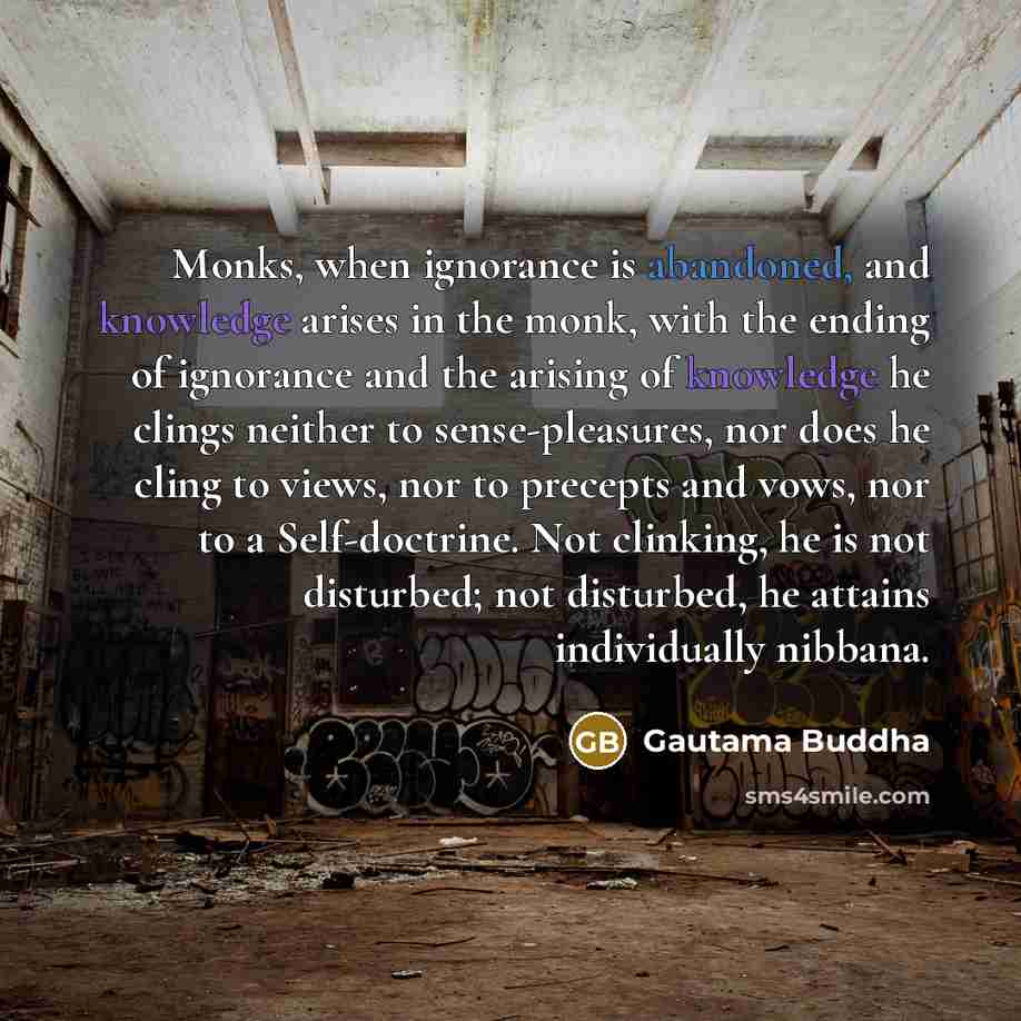 “Monks, when ignorance is abandoned, and knowledge arises in the monk, with the ending of ignorance and the arising of knowledge he clings neither to sense-pleasures, nor does he cling to views, nor to precepts and vows, nor to a Self-doctrine. Not clinking, he is not disturbed; not disturbed, he…” quote by Gautama Buddha