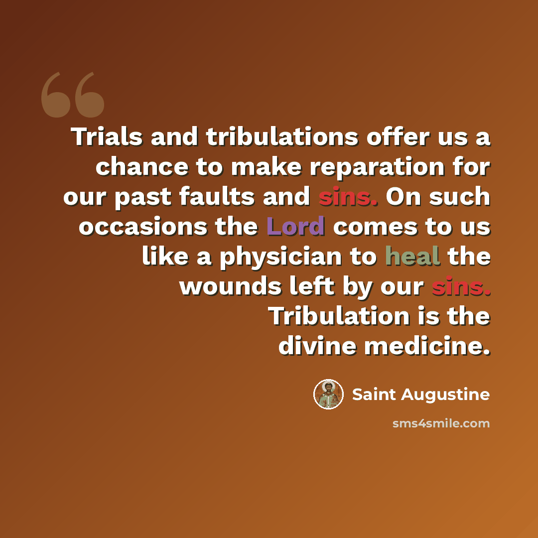 “Trials and tribulations offer us a chance to make reparation for our past faults and sins. On such occasions the Lord comes to us like a physician to heal the wounds left by our sins. Tribulation is the divine medicine.” quote by Saint Augustine
