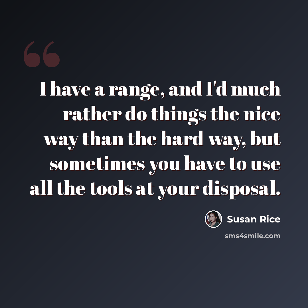 “I have a range, and I'd much rather do things the nice way than the hard way, but sometimes you have to use all the tools at your disposal.” quote by Susan Rice