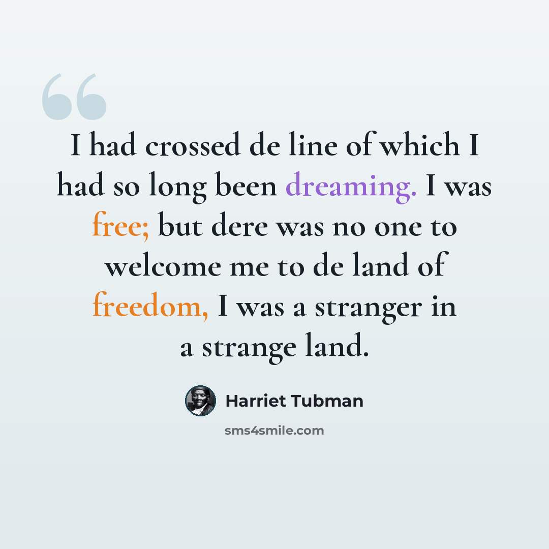 “I had crossed de line of which I had so long been dreaming. I was free; but dere was no one to welcome me to de land of freedom, I was a stranger in a strange land.” quote by Harriet Tubman
