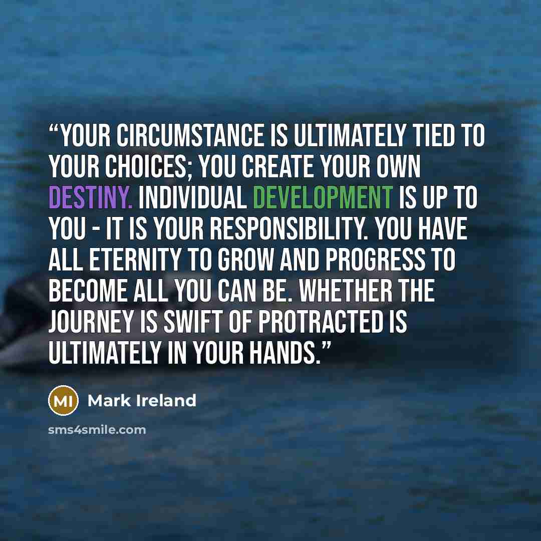 “Your circumstance is ultimately tied to your choices; you create your own destiny. Individual development is up to you - it is your responsibility. You have all eternity to grow and progress to become all you can be. Whether the journey is swift of protracted is ultimately in your hands.” quote by Mark Ireland