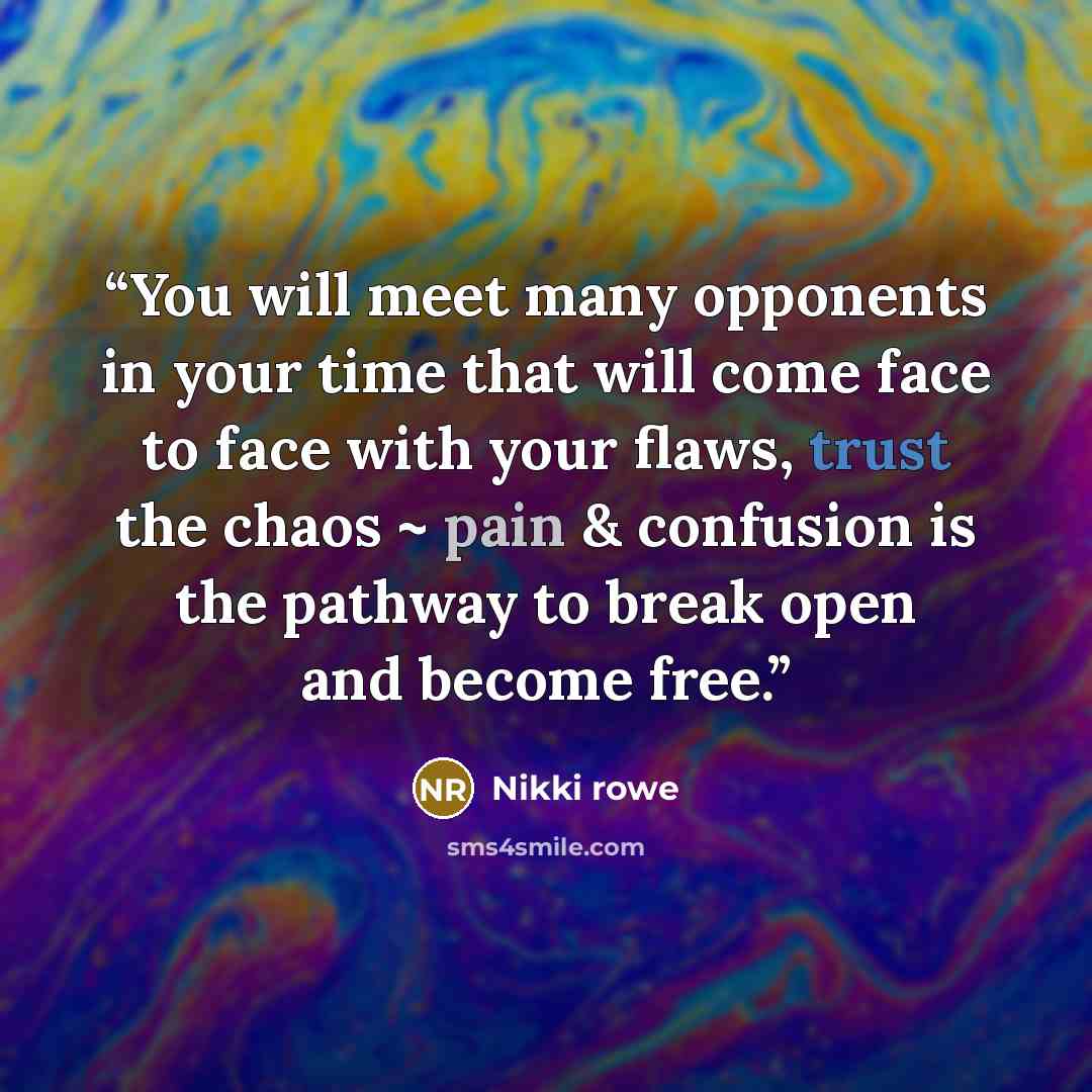 “You will meet many opponents in your time that will come face to face with your flaws, trust the chaos ~ pain & confusion is the pathway to break open and become free.” quote by Nikki Rowe