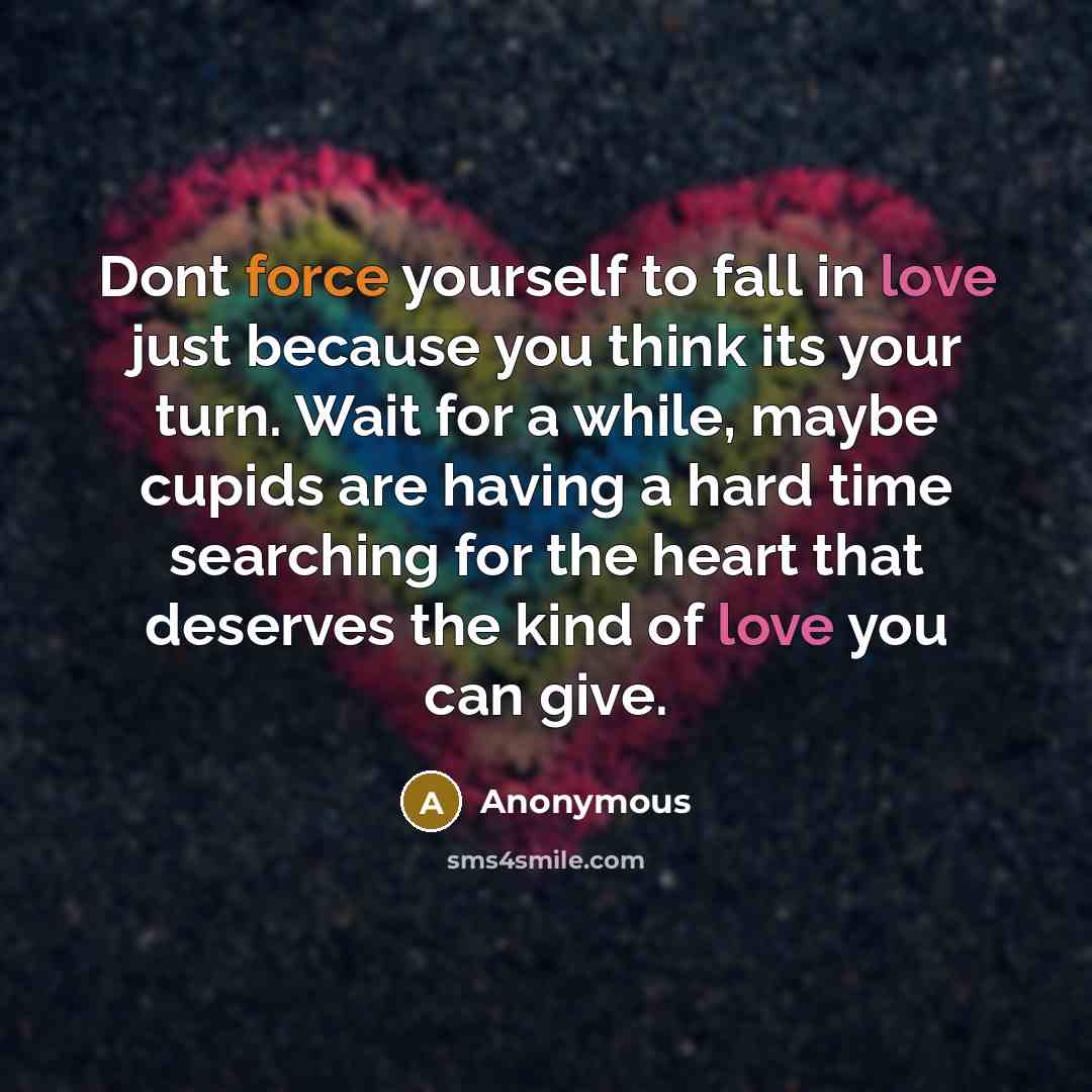 “Dont force yourself to fall in love just because you think its your turn. Wait for a while, maybe cupids are having a hard time searching for the heart that deserves the kind of love you can give.” quote by Anonymous