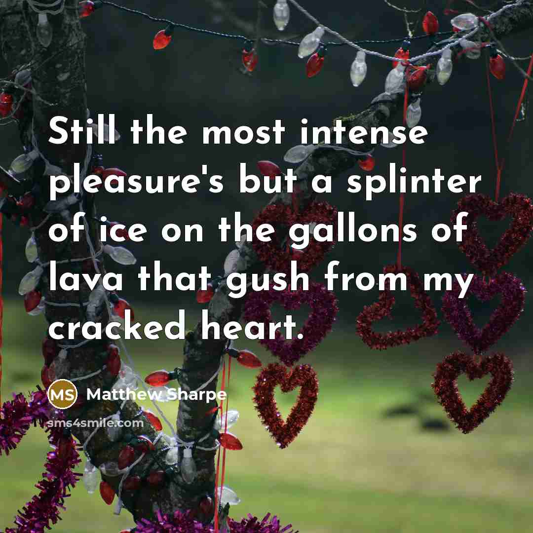 “Still the most intense pleasure's but a splinter of ice on the gallons of lava that gush from my cracked heart.” quote by Matthew Sharpe