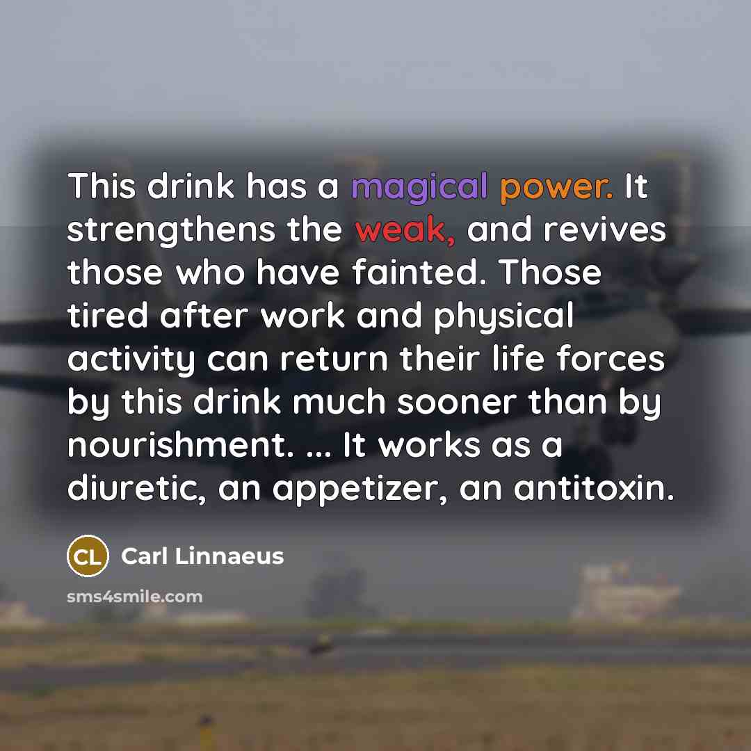 “This drink has a magical power. It strengthens the weak, and revives those who have fainted. Those tired after work and physical activity can return their life forces by this drink much sooner than by nourishment. ... It works as a diuretic, an appetizer, an antitoxin.” quote by Carl Linnaeus