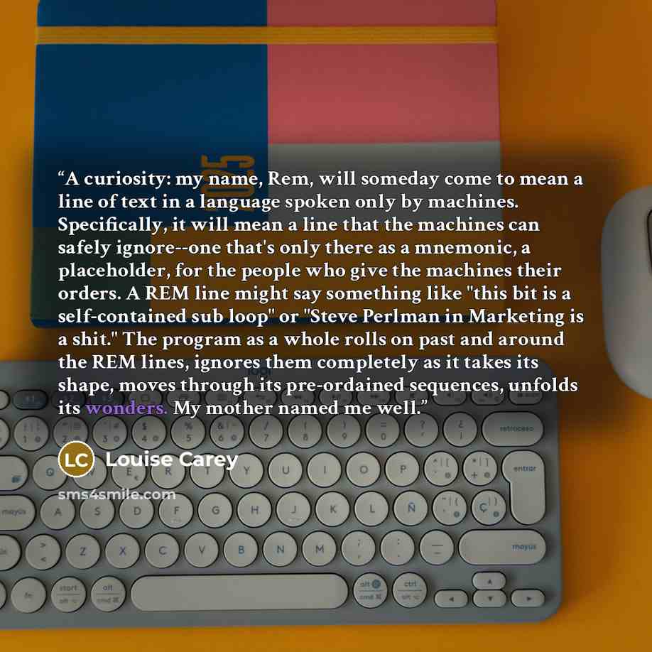 “A curiosity: my name, Rem, will someday come to mean a line of text in a language spoken only by machines. Specifically, it will mean a line that the machines can safely ignore--one that's only there as a mnemonic, a placeholder, for the people who give the machines their orders. A REM line might…” quote by Louise Carey