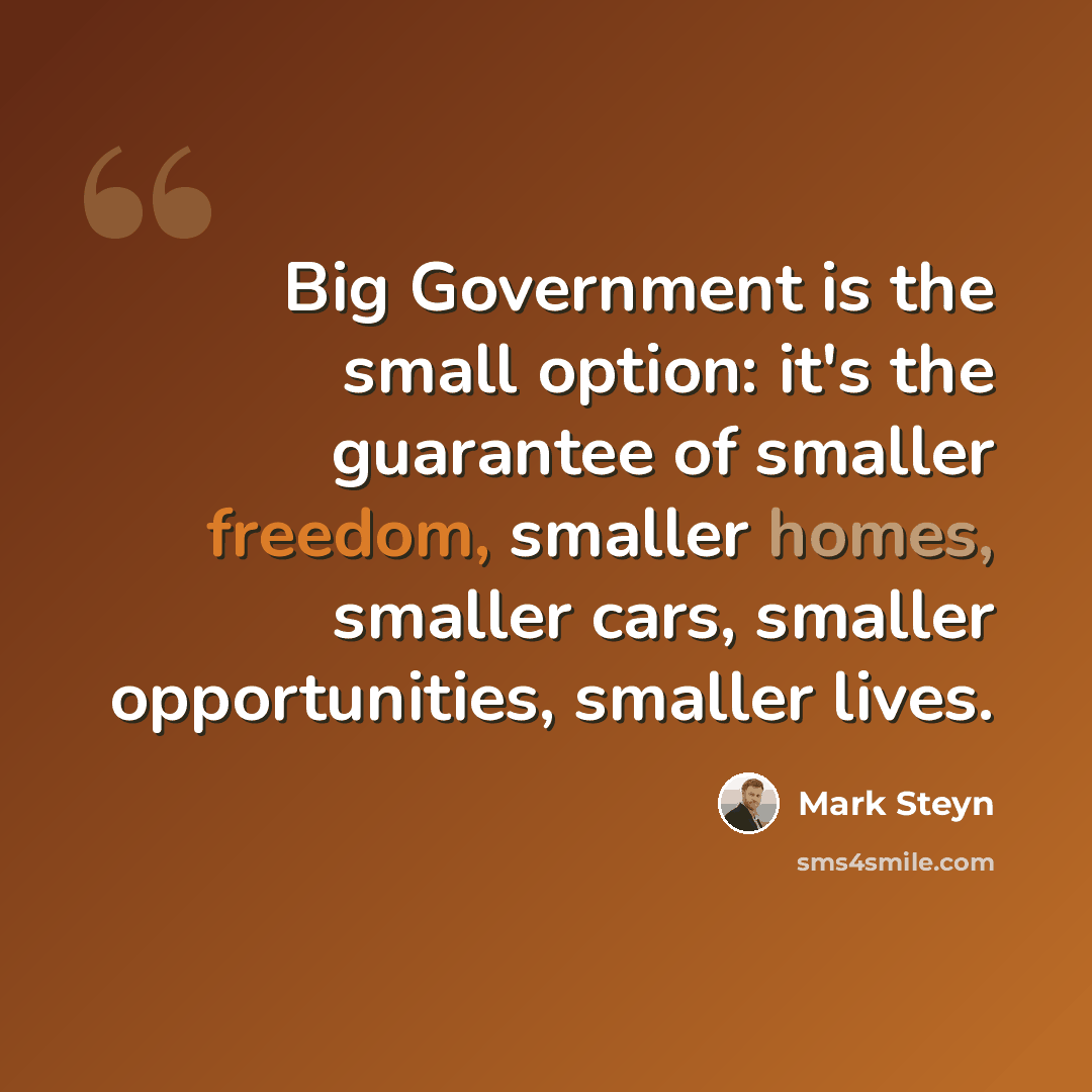 “Big Government is the small option: it's the guarantee of smaller freedom, smaller homes, smaller cars, smaller opportunities, smaller lives.” quote by Mark Steyn