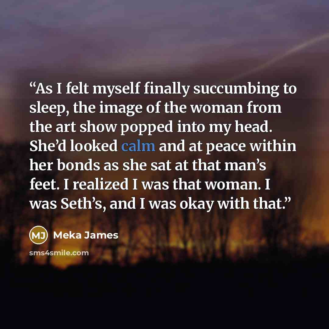 “As I felt myself finally succumbing to sleep, the image of the woman from the art show popped into my head. She’d looked calm and at peace within her bonds as she sat at that man’s feet. I realized I was that woman. I was Seth’s, and I was okay with that.” quote by Meka James