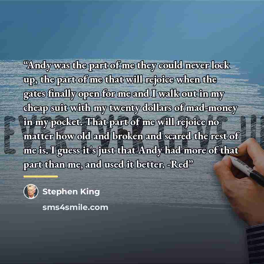 “Andy was the part of me they could never lock up, the part of me that will rejoice when the gates finally open for me and I walk out in my cheap suit with my twenty dollars of mad-money in my pocket. That part of me will rejoice no matter how old and broken and scared the rest of me is. I guess…” quote by Stephen King