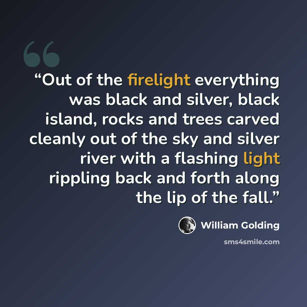 “Out of the firelight everything was black and silver, black island, rocks and trees carved cleanly out of the sky and silver river with a flashing light rippling back and forth along the lip of the fall.” quote by William Golding