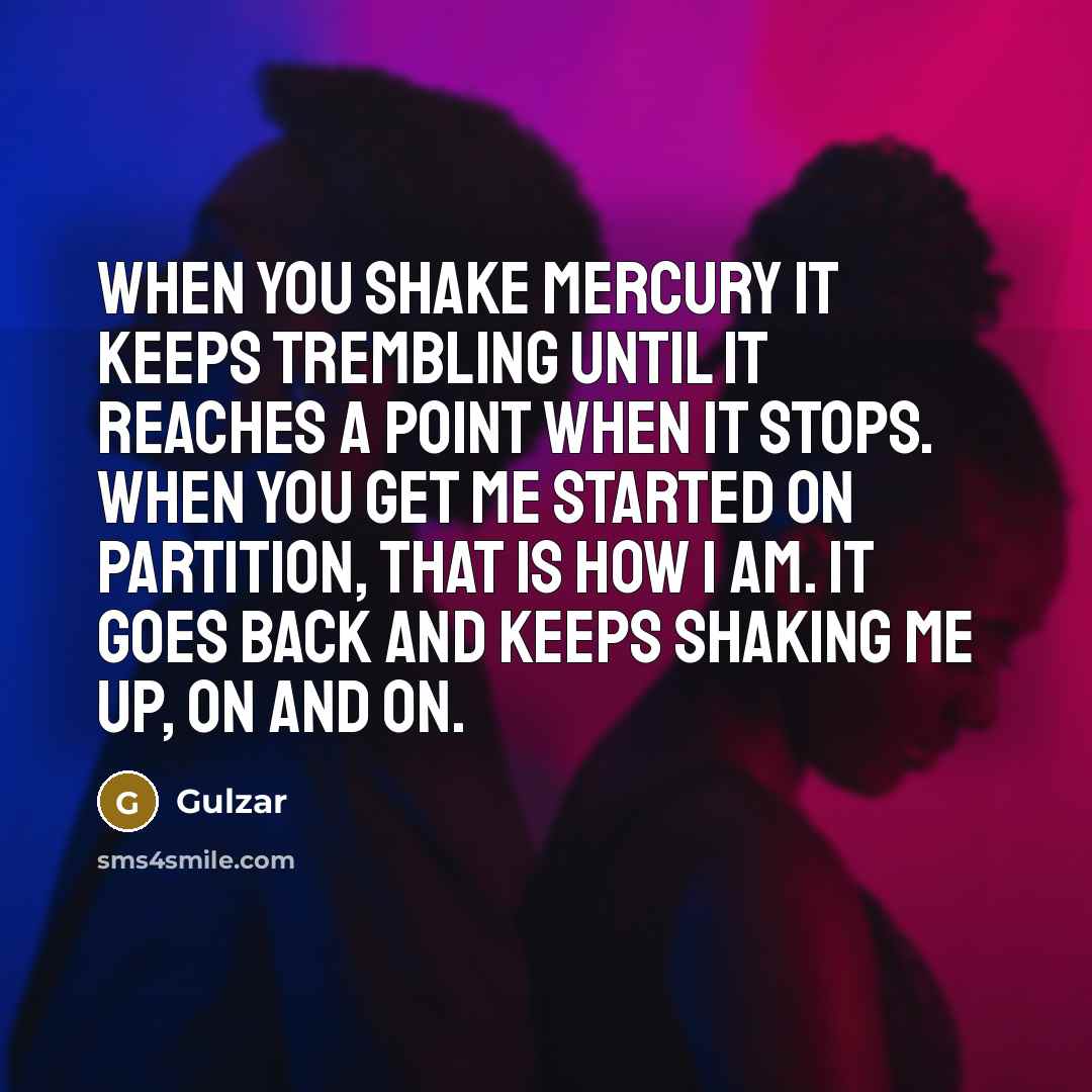 “When you shake mercury it keeps trembling until it reaches a point when it stops. When you get me started on Partition, that is how I am. It goes back and keeps shaking me up, on and on.” quote by Gulzar
