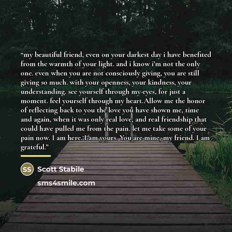 “my beautiful friend, even on your darkest day i have benefited from the warmth of your light. and i know i’m not the only one. even when you are not consciously giving, you are still giving so much. with your openness, your kindness, your understanding. see yourself through my eyes, for just a…” quote by Scott Stabile