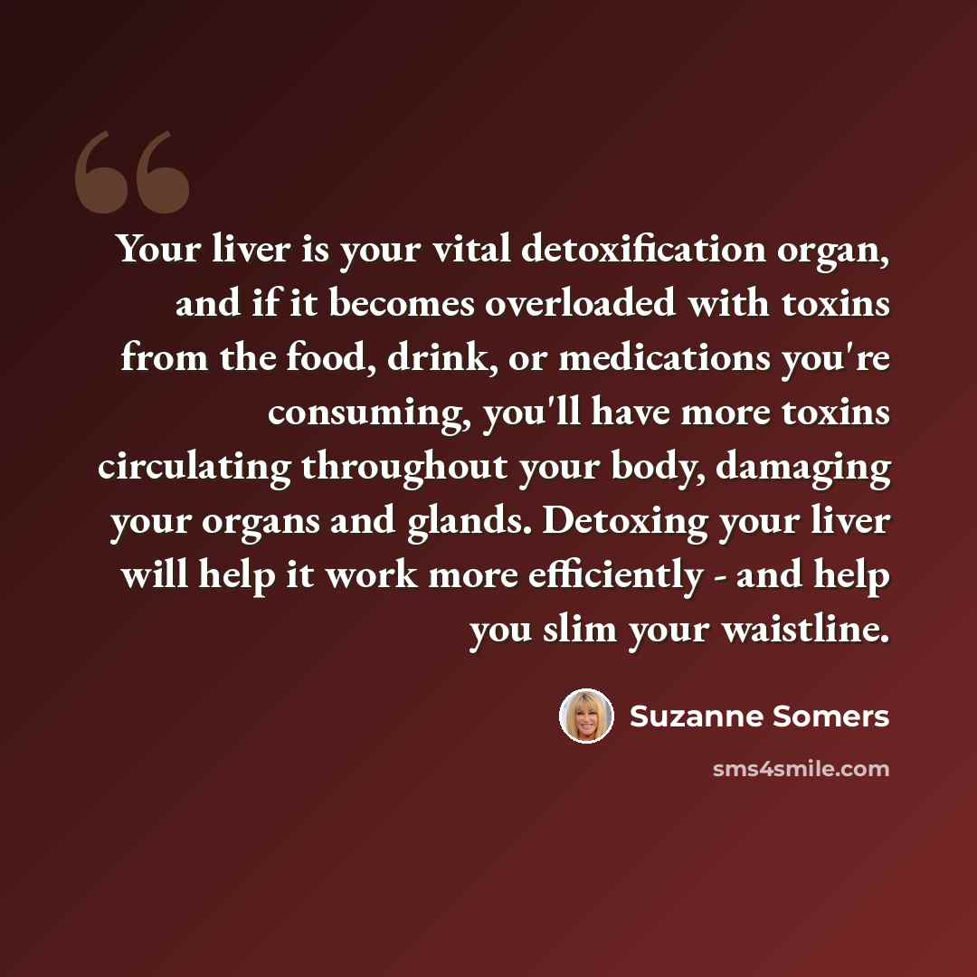 “Your liver is your vital detoxification organ, and if it becomes overloaded with toxins from the food, drink, or medications you're consuming, you'll have more toxins circulating throughout your body, damaging your organs and glands. Detoxing your liver will help it work more efficiently - and…” quote by Suzanne Somers