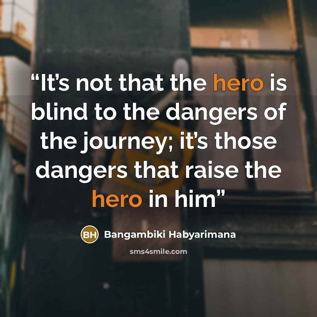 “It’s not that the hero is blind to the dangers of the journey; it’s those dangers that raise the hero in him” quote by Bangambiki Habyarimana