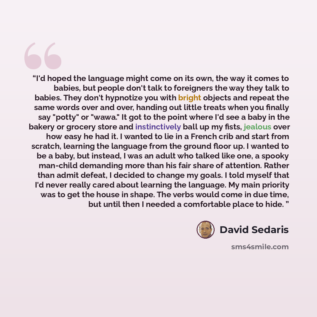 “I'd hoped the language might come on its own, the way it comes to babies, but people don't talk to foreigners the way they talk to babies. They don't hypnotize you with bright objects and repeat the same words over and over, handing out little treats when you finally say "potty" or "wawa." It got…” quote by David Sedaris