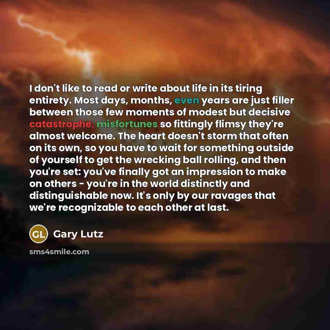“I don't like to read or write about life in its tiring entirety. Most days, months, even years are just filler between those few moments of modest but decisive catastrophe, misfortunes so fittingly flimsy they're almost welcome. The heart doesn't storm that often on its own, so you have to wait…” quote by Gary Lutz