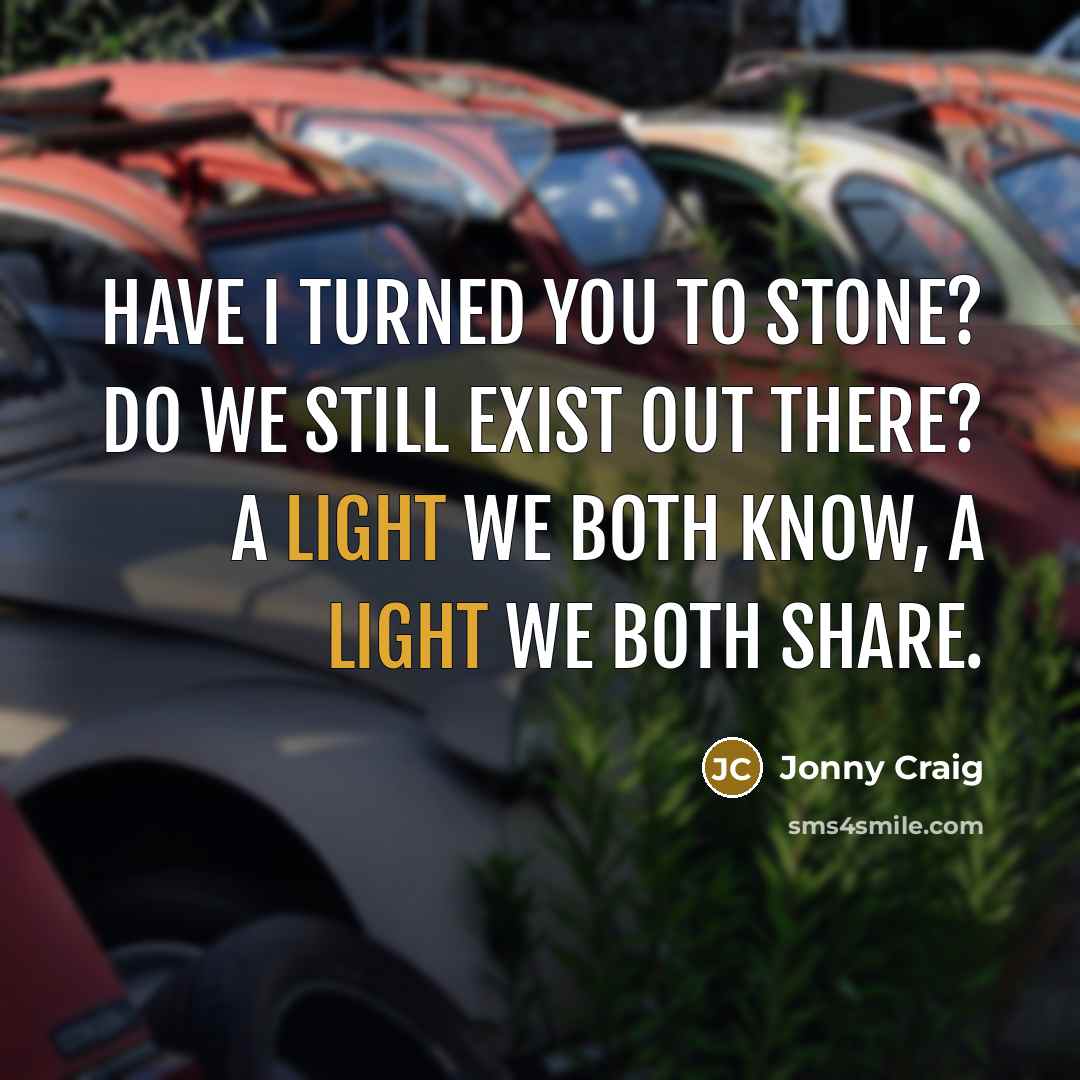 “Have I turned you to stone? Do we still exist out there? A light we both know, a light we both share.” quote by Jonny Craig