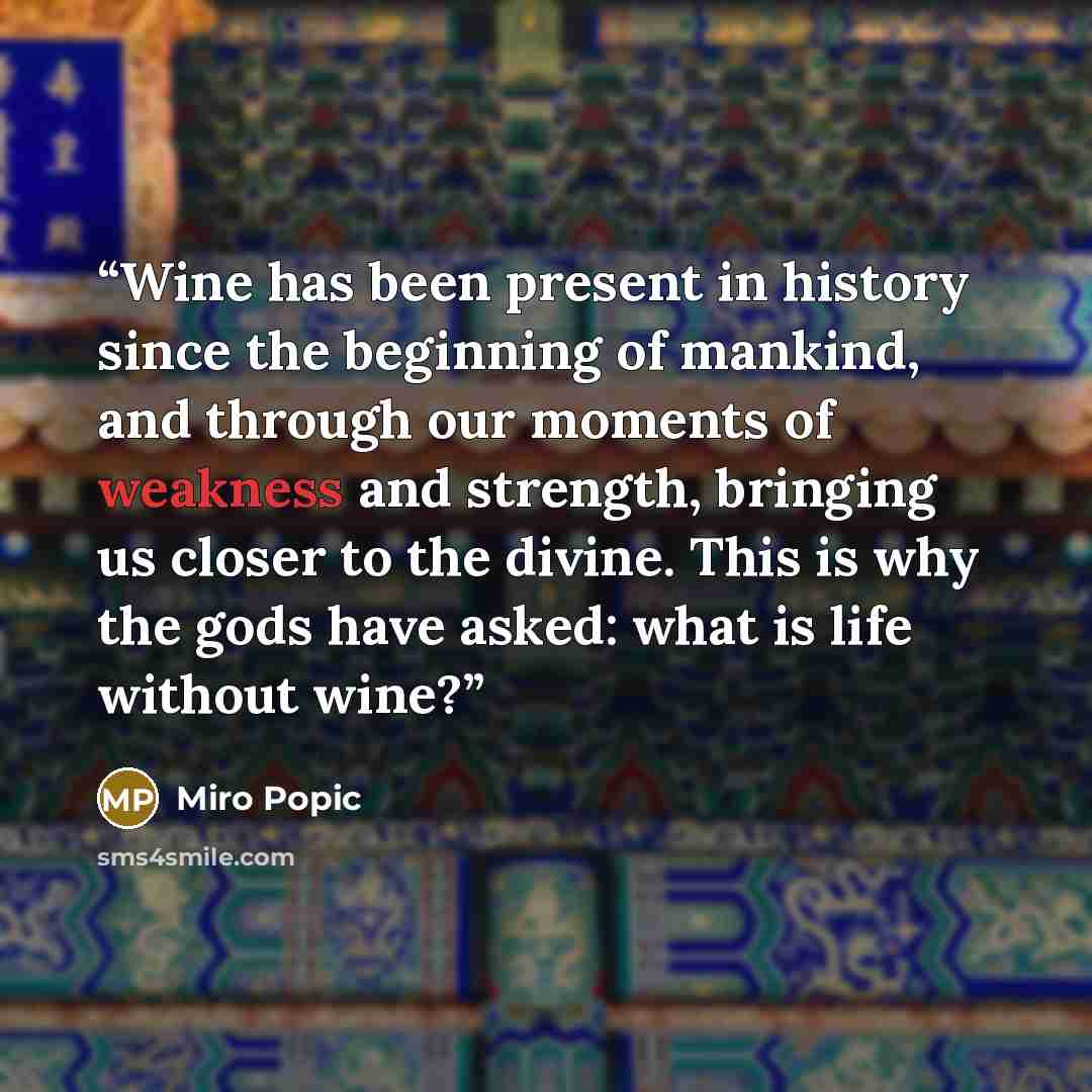“Wine has been present in history since the beginning of mankind, and through our moments of weakness and strength, bringing us closer to the divine. This is why the gods have asked: what is life without wine?” quote by Miro Popic
