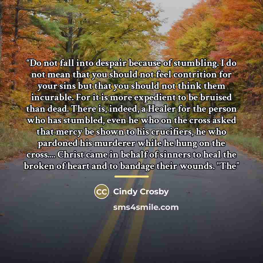 “Do not fall into despair because of stumbling. I do not mean that you should not feel contrition for your sins but that you should not think them incurable. For it is more expedient to be bruised than dead. There is, indeed, a Healer for the person who has stumbled, even he who on the cross asked…” quote by Cindy Crosby