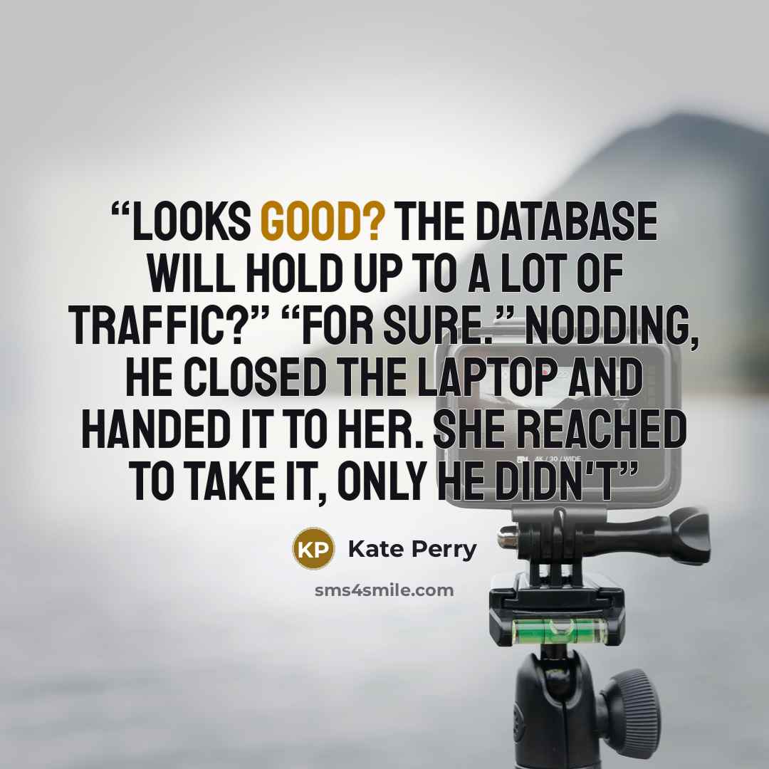 “looks good? The database will hold up to a lot of traffic?” “For sure.” Nodding, he closed the laptop and handed it to her. She reached to take it, only he didn't” quote by Kate Perry