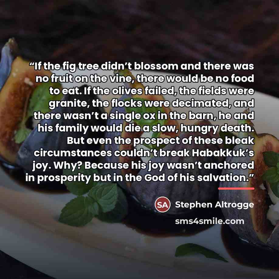 “If the fig tree didn’t blossom and there was no fruit on the vine, there would be no food to eat. If the olives failed, the fields were granite, the flocks were decimated, and there wasn’t a single ox in the barn, he and his family would die a slow, hungry death. But even the prospect of these…” quote by Stephen Altrogge