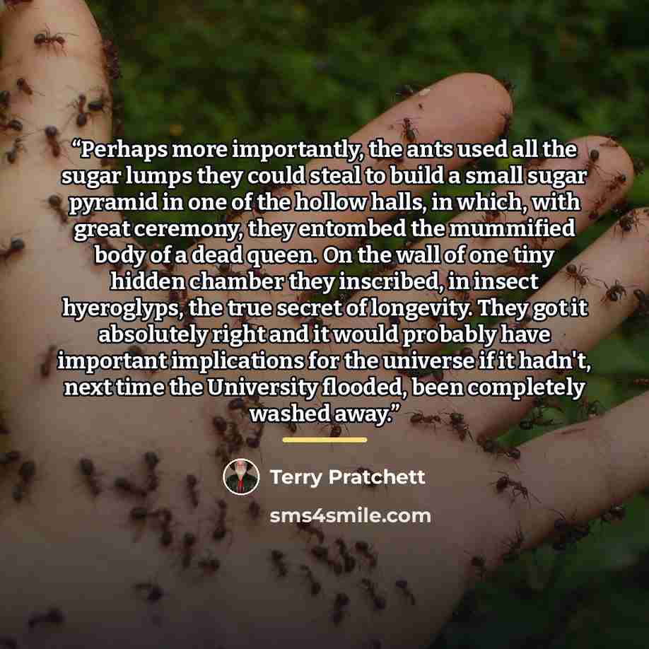 “Perhaps more importantly, the ants used all the sugar lumps they could steal to build a small sugar pyramid in one of the hollow halls, in which, with great ceremony, they entombed the mummified body of a dead queen. On the wall of one tiny hidden chamber they inscribed, in insect hyeroglyps, the…” quote by Terry Pratchett