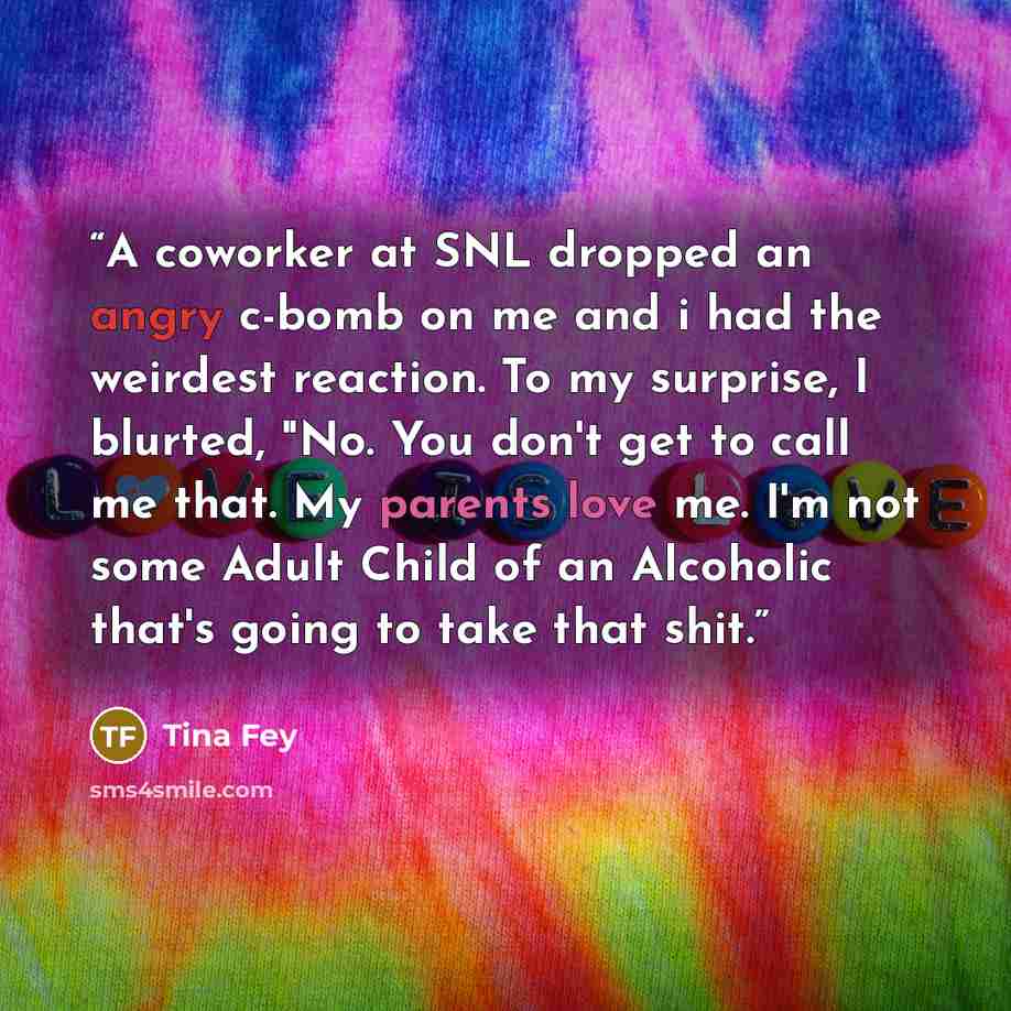 “A coworker at SNL dropped an angry c-bomb on me and i had the weirdest reaction. To my surprise, I blurted, "No. You don't get to call me that. My parents love me. I'm not some Adult Child of an Alcoholic that's going to take that shit.” quote by Tina Fey